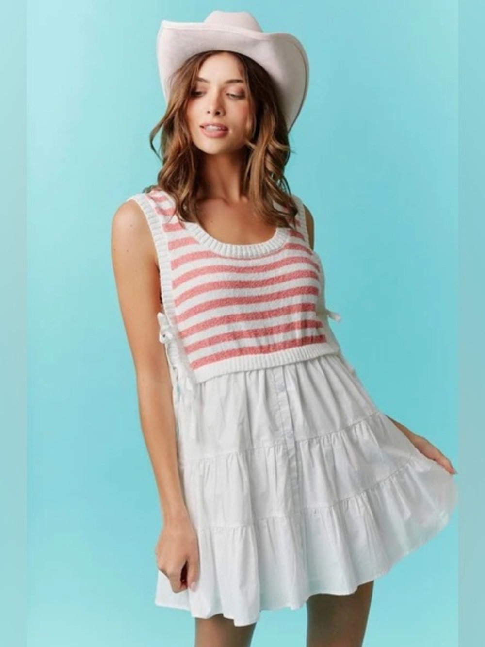 How Very Loved Striped Sweater Mini Dress Coastal Cottagecore Boho Tie Size M - Picture 1 of 13